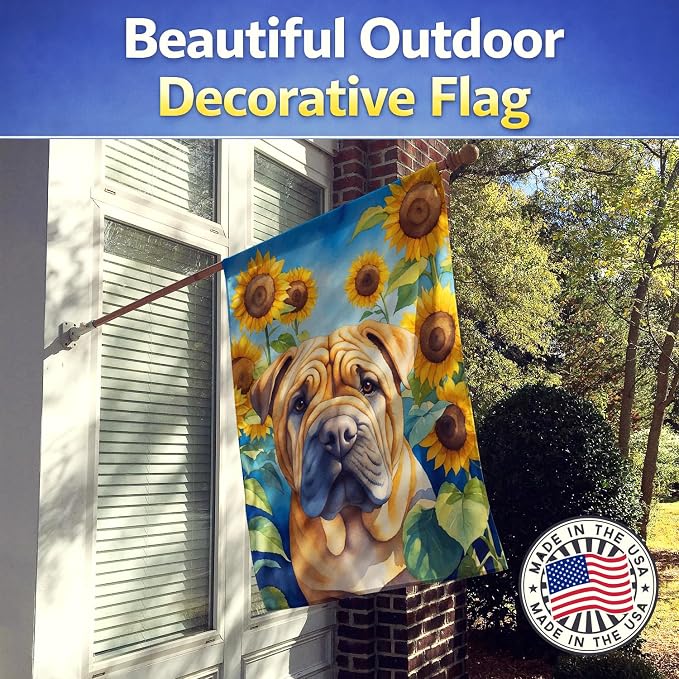 Caroline's Treasures DAC6159CHF Shar Pei in Sunflowers House Flag Large Porch Sleeve Pole Decorative Outside Yard Banner Artwork Wall Hanging, Polyester, House Size, Multicolor