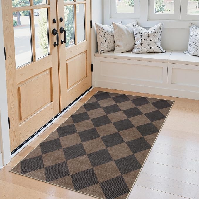 Beeiva Checkered Print Entry Rug 3x5, Non Slip Washable Kitchen Rug 3x5 Stain Resistant Ultra Thin Bathroom Decor, Neutral Geometric Carpet for Bedroom Living Room Office (Brown/Black)