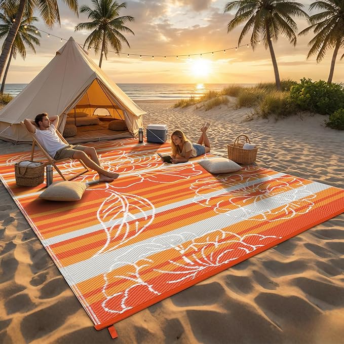Garvee 9x12 Outdoor Waterproof Rug, Floral Outdoor Area Rug，Reversible Plastic Straw Patio Rug, Portable Camping Mat for RV, Picnic, Beach, Balcony, Garden & Camping Orange