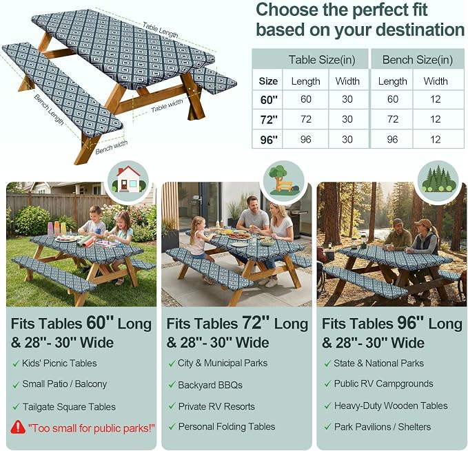Play Tailor Picnic Table Cover with Bench Covers Camping Essentials Waterproof Windproof Camping Tablecloth with Drawstring Bag, Fitted Rectangle Tables and Seats, 72in, Blue Green Plaid