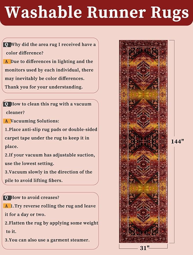SERISSA 2'6"x12' Washable Non Slip Boho Runner Rug for Hallway | Ultra Soft Vintage Oriental Carpet Low-Pile Rustic Red Gold Floor Carpet for Kitchen Bedroom Entryway Bathroom Laundry Room