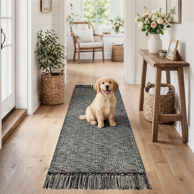 2' x 5' Bathroom Rug, Modern Farmhouse Kitchen Runner Rugs | Hand-Woven Entryway Rugs Runners for Hallway, Black Boho Washable Laundry Carpet Indoor Front Door Mat for Bedroom Decor