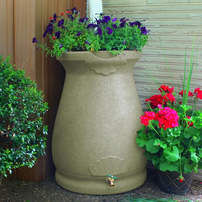 Good Ideas Rain Wizard Plastic Resin Urn, 65 Gallon Rain Barrel with Self-Draining Planter Top and Meshed Screen to Block Debris, Sandstone