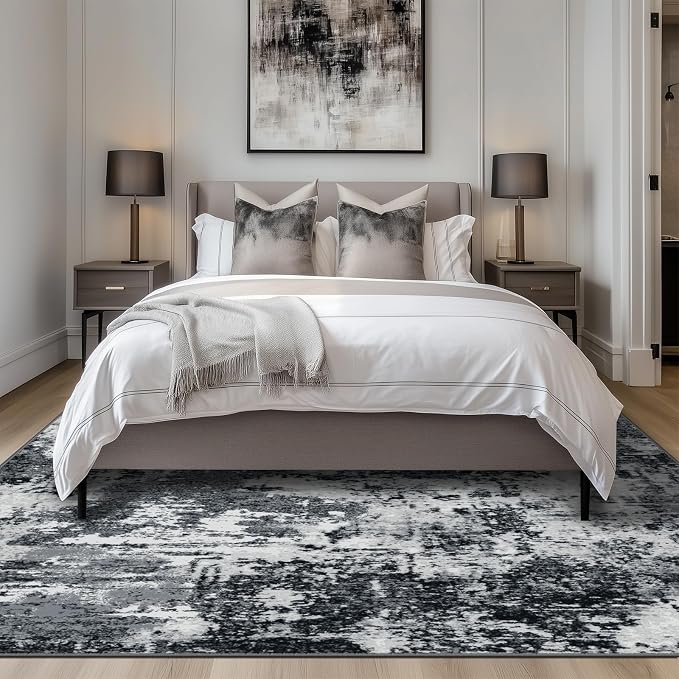 RELEANY Washable 7'x9' Abstract Area Rug for Living Room Black White | Carpet for Bedroom, Kitchen, Office, Hallway and Entryway, Printed Pattern, Non‑Slip, Soft, Stain‑Resistant, Easy to Clean