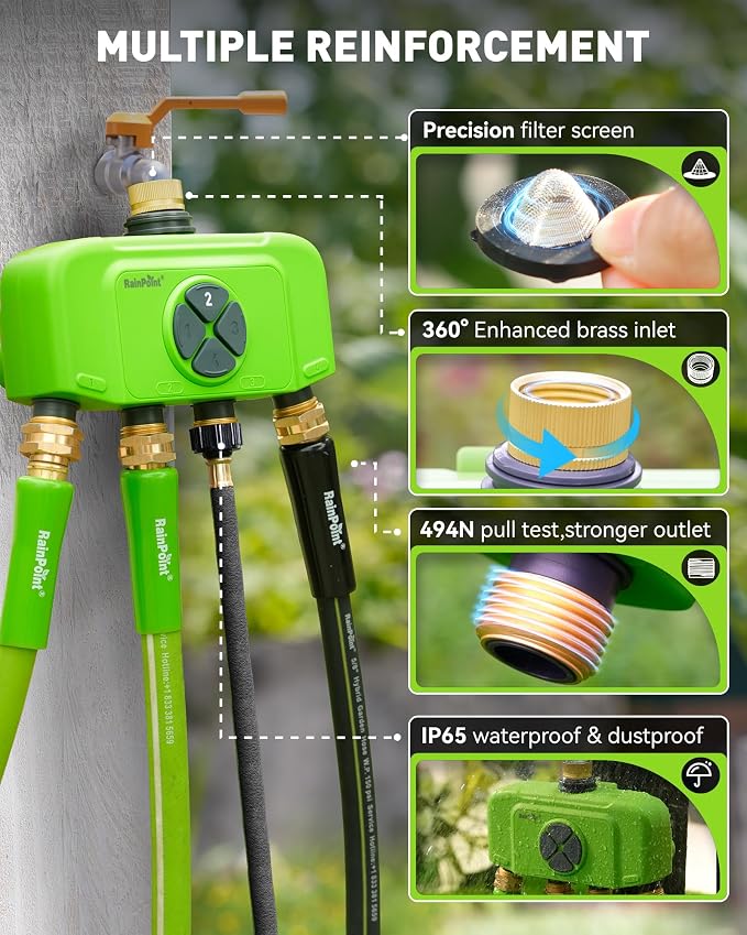 RAINPOINT WiFi 4 Zone Smart Sprinkler Timer, Outdoor Garden Hose Water Timer with Solid Brass Inlet & Outlet, Custom Irrigation Programs via App, Voice Control