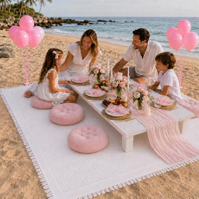 Cinrobiye Boho Picnic Party Set for Outdoor, Aesthetic Picnic Setup with Large Picnic Blanket, Floor Cushions, Table Runner, Napkins, Balloons for Wedding, Bridal Shower, Birthday(Pink)