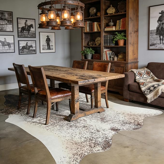 4x5 Cowhide Rug, Washable Faux Brown and White Hide Area Rugs for Bedroom, Southwestern Odd Shape Animal Print Carpet for Under Coffee Table Nursery, Faux Cowhide Fabric Decor