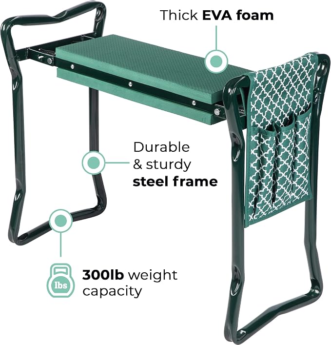 Garden Kneeler And Seat - Protects Your Knees, Clothes From Dirt & Grass Stains - Foldable Stool For Ease Of Storage - EVA Foam Pad - Sturdy and Lightweight - Bench Comes With A Free Tool Pouch!
