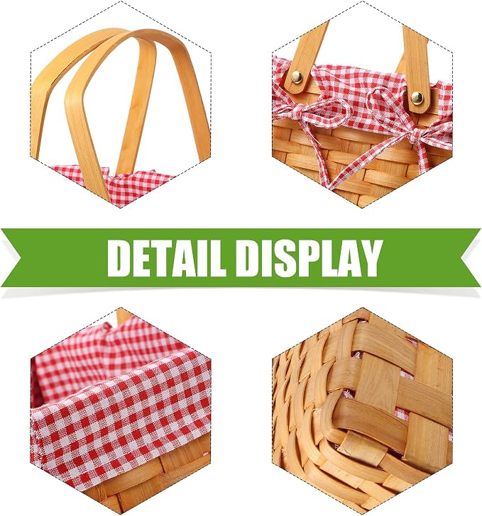Patelai Wicker Picnic Basket Natural Hand Woven Basket with Double Folding Handles, Willow Hamper Baskets with Blanket for Outdoor Picnic Summer Spring Camp Family(Red and White Grid)