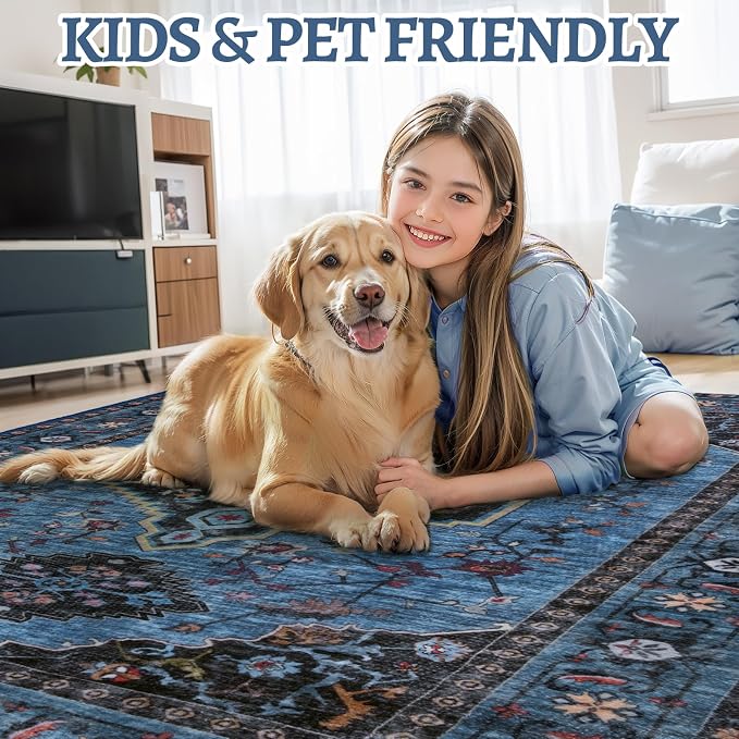 Tangsoo Blue 2.6x8 Washable Runner Rug for Hallways, Non Slip Runner Rug | Oriental Soft Low Pile Long Rug Runner,Vintage Boho Print Carpet Runners for Kitchen Bedroom Entryway Bathroom Living Room