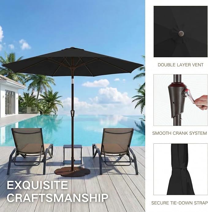 Kingdura 9FT Outdoor Patio Umbrella, Round Market Table Umbrella with Push‑Button Tilt and Crank Lift, 8 Sturdy Metal Ribs, UV50+ Protection Canopy for Backyard, Lawn, Deck, Poolside, Garden (Black)