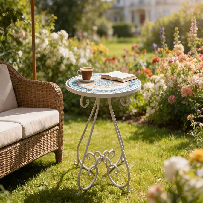 Outdoor Side Table & Mosaic Ceramic Plant Stand, 14" Metal Round End Table for Garden Home Patio Yard Porch Patio Decor Weather Resistant Outside Accent End Furniture (Flower#3)