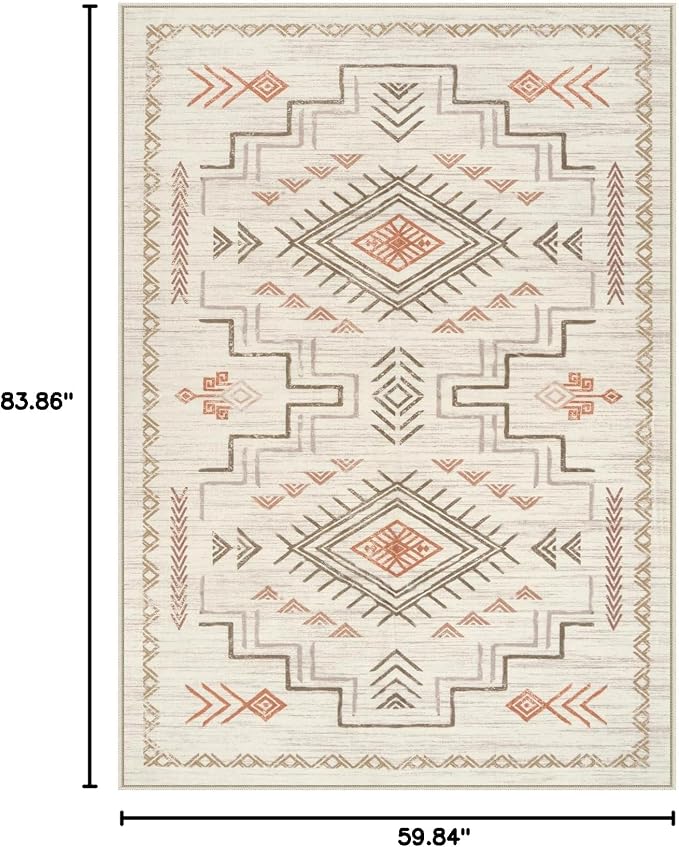 STARUIA Moroccan Washable Area Rug 5x7, Beige Western and Aztec Tribal Boys Neutral Rug for Living Room, Soft Non-Slip Stain Resistant Large Carpet for Bedroom Dining Room