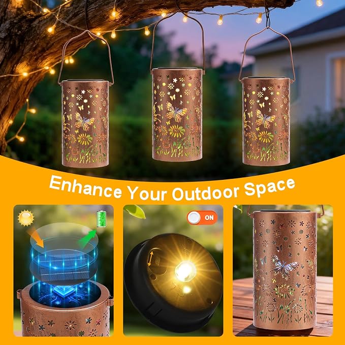 Solar Lanterns Outdoor Waterproof Butterfly Garden Decor Gifts for Women Mom Grandma, Colorful Hanging Solar Lights Metal Garden Decoration Outside for Yard, Patio, Backyard, Porch