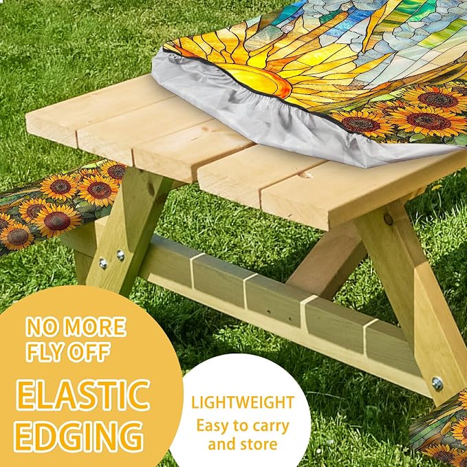 Picnic Table Cover with Bench Covers 72IN 6FT, Camping Essentials Tablecloth Waterproof Oilproof with elastic Edge for Indoor Outdoor Patio (Sunflower Sun)