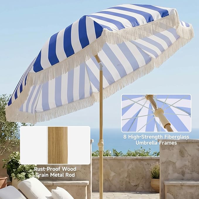 6.5FT Boho Patio Umberlla with Fringe,UPF50+ Outdoor Umbrella with Fiberglass Ribs and Push Button Tilt,Tassels Umbrella for Beach,Terrace,Picnic