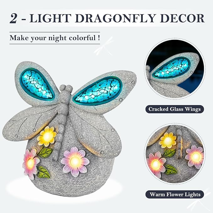 Dragonfly Garden Decor with Solar Cracked Glass Wings & Flower Lights | Solar Outdoor Statue for Patio, Lawn, Yard Ornament Eco-Friendly Housewarming, Birthday Gift for Women