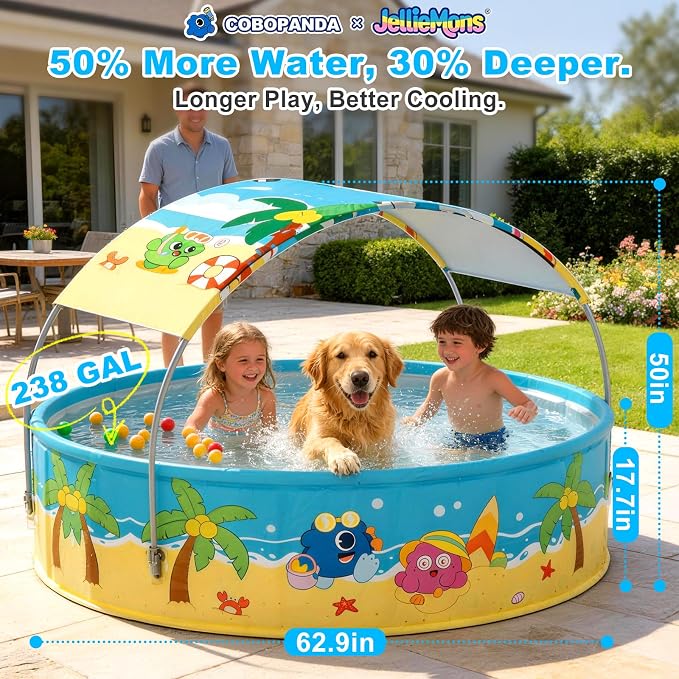 Foldable Kids Pool with Canopy, Hard Plastic Collapsible Deep Kiddie Pool, Small Toddler Pools for Swimming Backyard (JellieMons 62.9"x17.7")