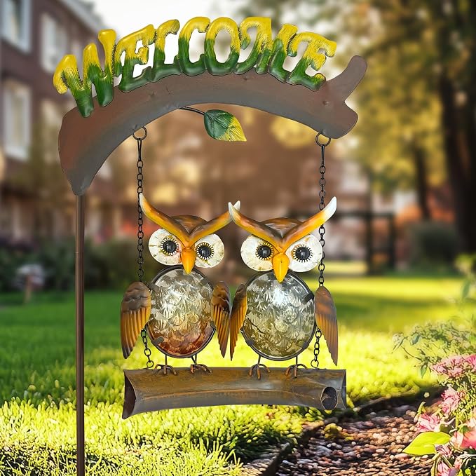 Solar Lights Outdoor Decor, Owl Swing Garden Decor, Owl Gifts for Women Mom, Whimsical Garden Lights Outdoor Decorations with Welcome Sign for Outside Patio Yard Lawn Decor-48inch
