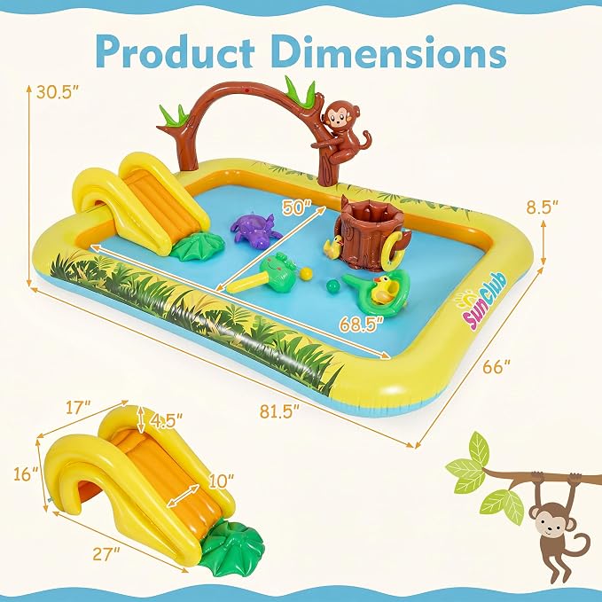 GLACER Kiddie Pool with Slide, Baby Pool with 11 Jungle Animal Toys | Inflatable Play Center with Arch Sprinkler, Repair Patches, PVC Outdoor Toddler Splash Pad for Backyard, Garden and Poolside