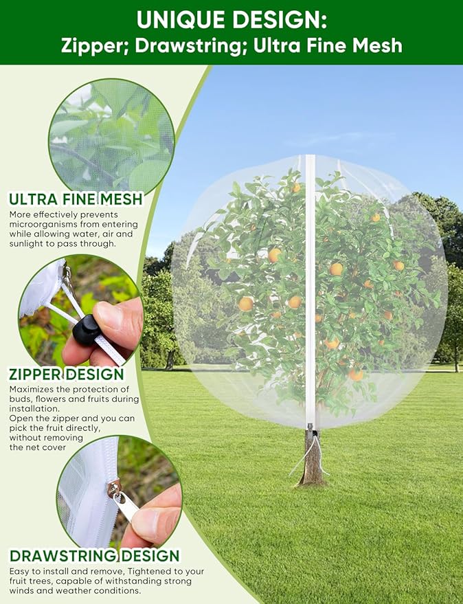 Fruit Tree Netting for Cicadas - with Zipper 4Pcs 5 x 4FT Garden Bird Netting for Blueberry Bushes with Drawstring,Insect Plant Protection Mesh Net Bags for Tomato,Cicada,Animals (4, 4 x 5 FT)