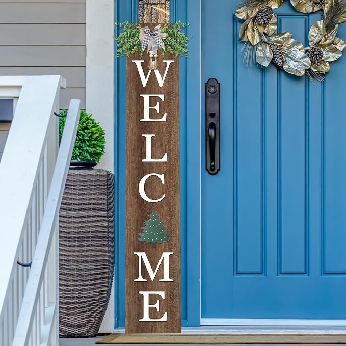 Interchangeable Welcome Sign for Front Door Standing 47"X8" with 12 Pcs Designed Icons Outdoor Front Porch Tall Garden Patio Signs Large Vertical Leaner Vertical Wood Frame Outside Decor (Wood)