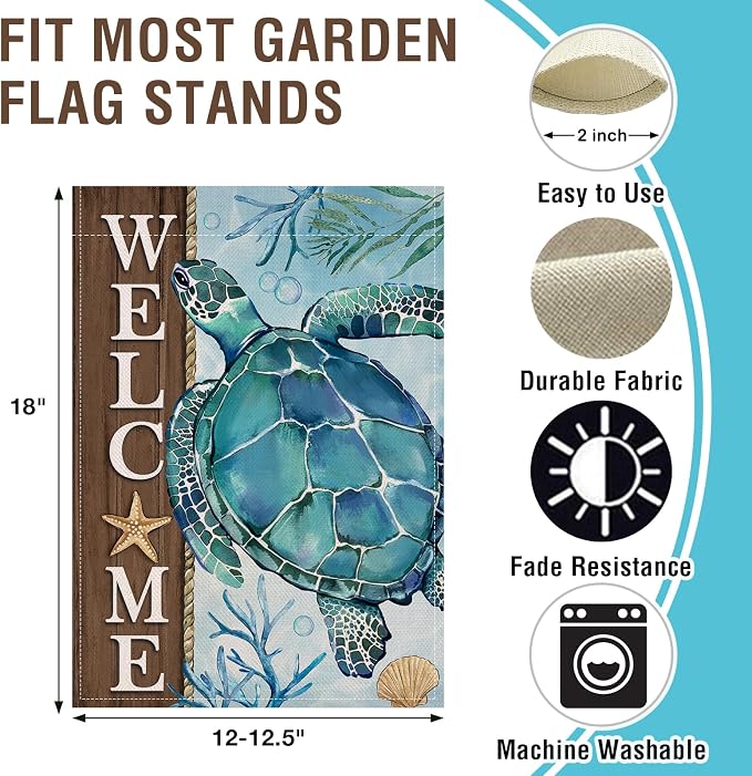 Artofy Welcome Summer Beach Sea Turtle Small Decorative Garden Flag, Coastal Ocean Farmhouse Yard Lawn Outside Decor, Spring Nautical Starfish Coral Burlap Outdoor Home Decoration Double Sided 12 x 18