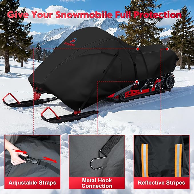 Comnova Snowmobile Cover 115 Inch - Premium 600D Outdoor Snowsled Cover, Heavy Duty & Waterproof All Weather Protection Covers, Black, Fit Up to 115"L Snowmobile