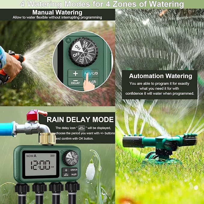 Water Timer for Outdoor Garden Hose, Sprinkler Timer for Garden Faucet with Auto/Manual/Rain Delay Mode, Sprinkler Irrigation Controller for Yard Lawn (4 Zones Brass Inlet)