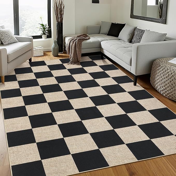 Garvee 6x9 Rugs for Living Room Washable Rug Easy Jute Rugs，Black/Beige | Modern Checkered Rugs for Bedroom Nursery Rug Non Slip Throw Carpet Stain Resistant Soft Touch Floor Cover for Dining Room