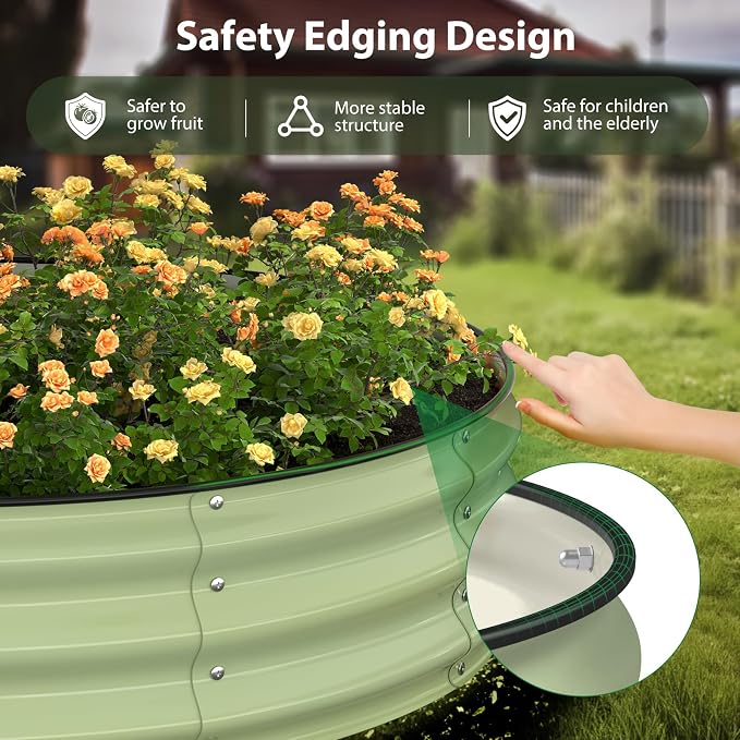Winpull Raised Garden Bed Kit, 4x4x1 ft Round Galvanized Planter Box Outdoor with Safety Edging, Large Metal Raised Beds for Gardening Vegetables Flower Fruits (Avocado Green)