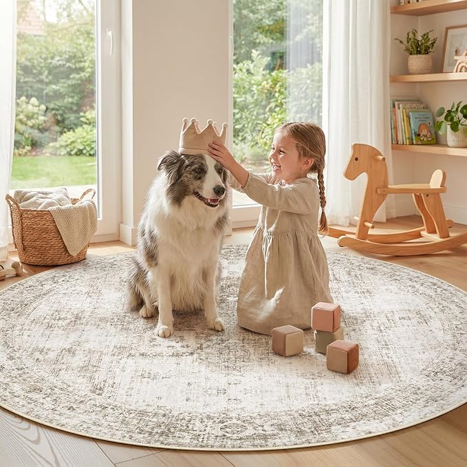 Round Rugs 6ft Washable Rug, Vintage Boho Medallion Rugs Non-Slip Soft Low Pile Circle Distressed Rug Indoor Retro Carpet for Living Room Bedroom Dining Room Home Office (Taupe, 6' Round)