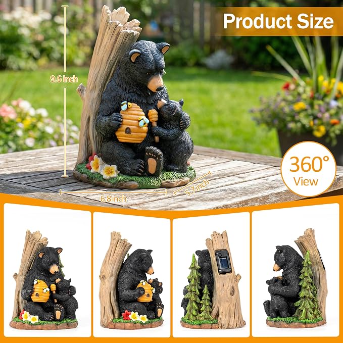 C&Y&G&X Solar Bear Garden Statue Lights, Black Bear & Cub Outdoor Resin Yard Decor for Patio Porch Lawn, Solar Garden Figurine with Light-Up Beehive, Housewarming Gifts for Garden Lovers