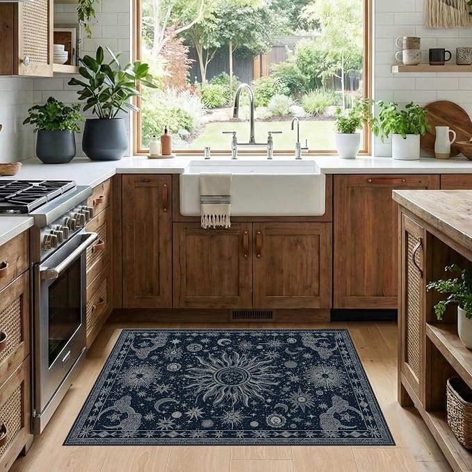 Vacuum-Friendly, 2x3 Washable Area Rug, Blue Gray White | Sun and Moon Boho Gothic Non-Slip Low Pile Living Roon Bedroom Dining Room Kitchen Entry Entryway Entrance Hallway Doormat