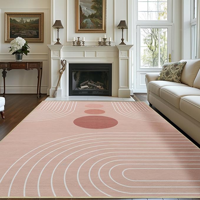 Area Rug 6x9 Boho Modern Minimalist Geometric Abstract Rug Pink Mid Century Modern Rug for Living Room Machine Washable Non-Slip Printed Low Pile Indoor Carpet for Bedroom Dining Room Office Pink