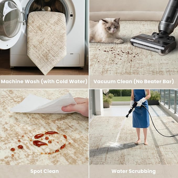 10x12 Area Rug for Living Room Bedroom: Non-Slip Modern Beige White | Machine Washable TPR Backing, Stain-Resistant Low Pile, Pet & Kid Friendly, Abstract Decor for Dining Room, Dorm, Home Office