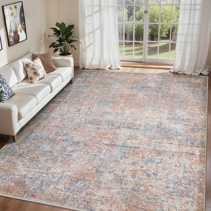 Tangsoo Abstract 5x7 Washable Area Rugs for Living Room, Non Slip Large Rug | Modern Contemporary Indoor Print Carpet, Soft Low Pile Foldable Floor Rug for Bedroom Dining Room Pink Multi Home Decor