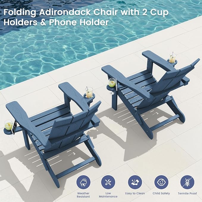 SERWALL Modern Folding Adirondack Chair, All Weather Resistant Outdoor Adirondack Chair with Dual Cup Holders, HDPE Fire Pit Chair for Patio Lawn Garden, Blue