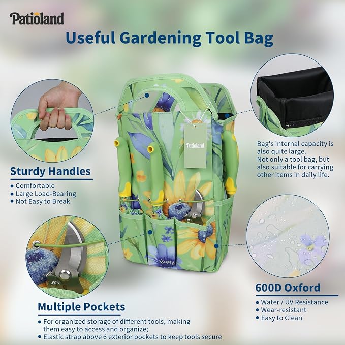 10-Piece Green Garden Tool Set, Patioland Floral Aluminum Gardening Hand Tools W/Ergonomic Handles, Kneeling Pad, Apron, Gloves, Organizer Tote Bag,Complete Garden Supplies Starter Kit Gift for Women
