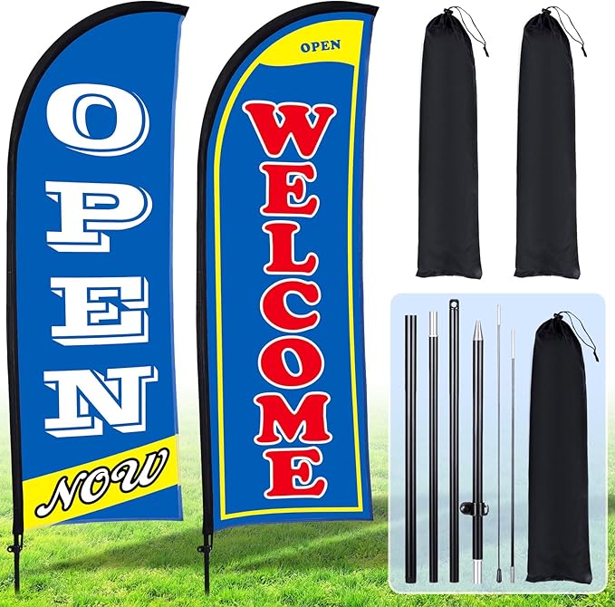 Buryeah 2 Sets Now Open Flag Banner for Business Advertising 7 ft Feather Flag Sign with Flagpole Ground Stake Portable Bag(Blue)