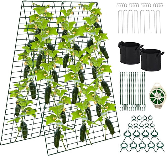 Foldable Cucumber Trellis, 48" L x 34" W A-Frame Trellis, Climbing Plants Support Raised Bed Trellis with Twist Ties & Plant Bags for Outdoor Yards Gardens