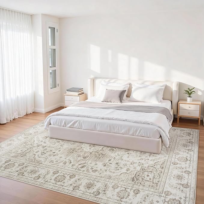 Washable 6x9 Area Rugs for Living Room Beige White Non-Slip Rug | Vintage Medallion Rug，Soft Low Pile Large Rugs，Indoor Retro Carpet for Bedroom Nursery Dining Table Farmhouse Home Office