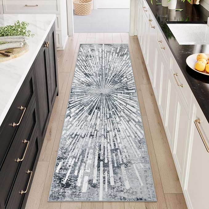 Lahome Manon Grey Hallway Runner Rug 2.5x8, Non Slip Rug Runners for Hallway, Low Pile Modern Kitchen Runner Washable Abstract Soft Carpet Runner for Entryway Bathroom