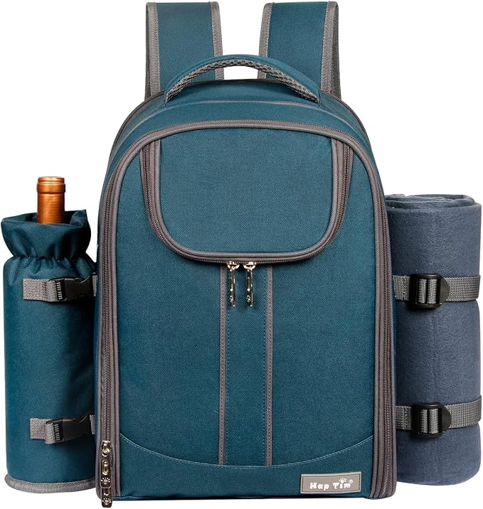Hap Tim Picnic Basket Backpack for 4 Person with Blanket, Wine Holder, Cooler Compartment, Cutlery Set, Couples Gifts, Mr & Mrs Gifts, Bridal Shower Gifts, Registry Wedding Registry, Blue (3065-BL)