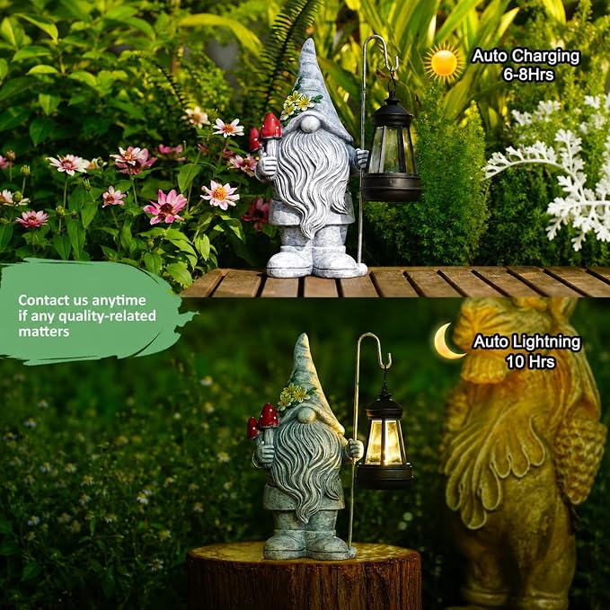 Garden Gnome with Solar Lantern: Outdoor Weatherproof Statue | Home Yard Lawn Porch Balcony Patio Decor,Birthday Gifts for Mom Women Grandma