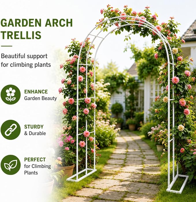Garden Arch Trellis 55" W x 90" H Metal Arbor for Climbing Plants, Wedding Arch for Ceremony Indoor Outdoor, White Garden Arbor for Party Decoration Backyard Lawn (White, 55" W x 90" H)