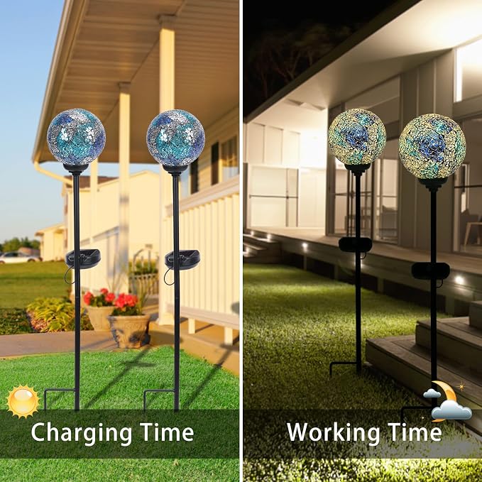 VCUTEKA Decorative Solar Garden Lights, 3.5" Mosaic Globe Stake 2 Pack | Mosaic Glass Design, Solar LED Light, Weather Resistant, Auto On/Off and Metal Stake Design for Lawn and Patio
