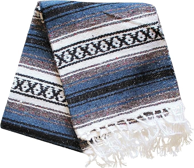 Del Mex Classic Mexican Blanket, Large Authentic Woven Falsa Throw (70"x50"), Artisan Southwest Décor for Beach, Yoga, Outdoors (Navy Blue)