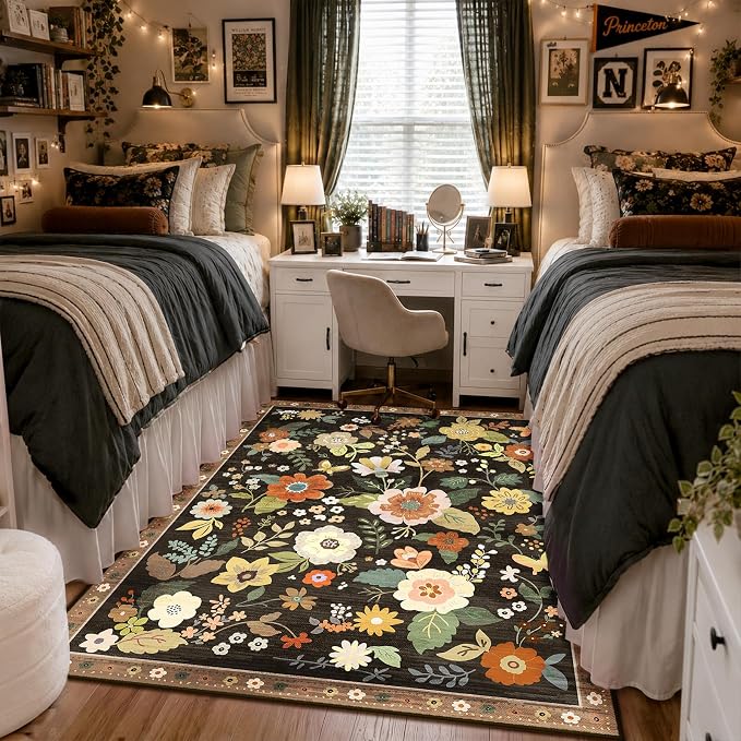 RELEANY Floral Washable 3x5 Area Rugs Black/Yellow | Flower Carpet, Print, Boho, Non-Slip, Easy to Clean, Soft, Low Pile for Living Room Bedroom Kitchen Office Entryway Hallway