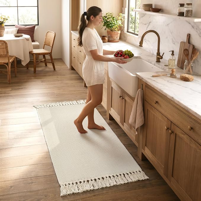 2' x 4.3' Boho Kitchen Runner Rug, White Washable Bathroom Rug | Hand-Woven Reversible Entryway Rug, Modern Farmhouse Soft Front Door Mat, Low Profile Bedroom Rugs for Laundry Bedside Decor
